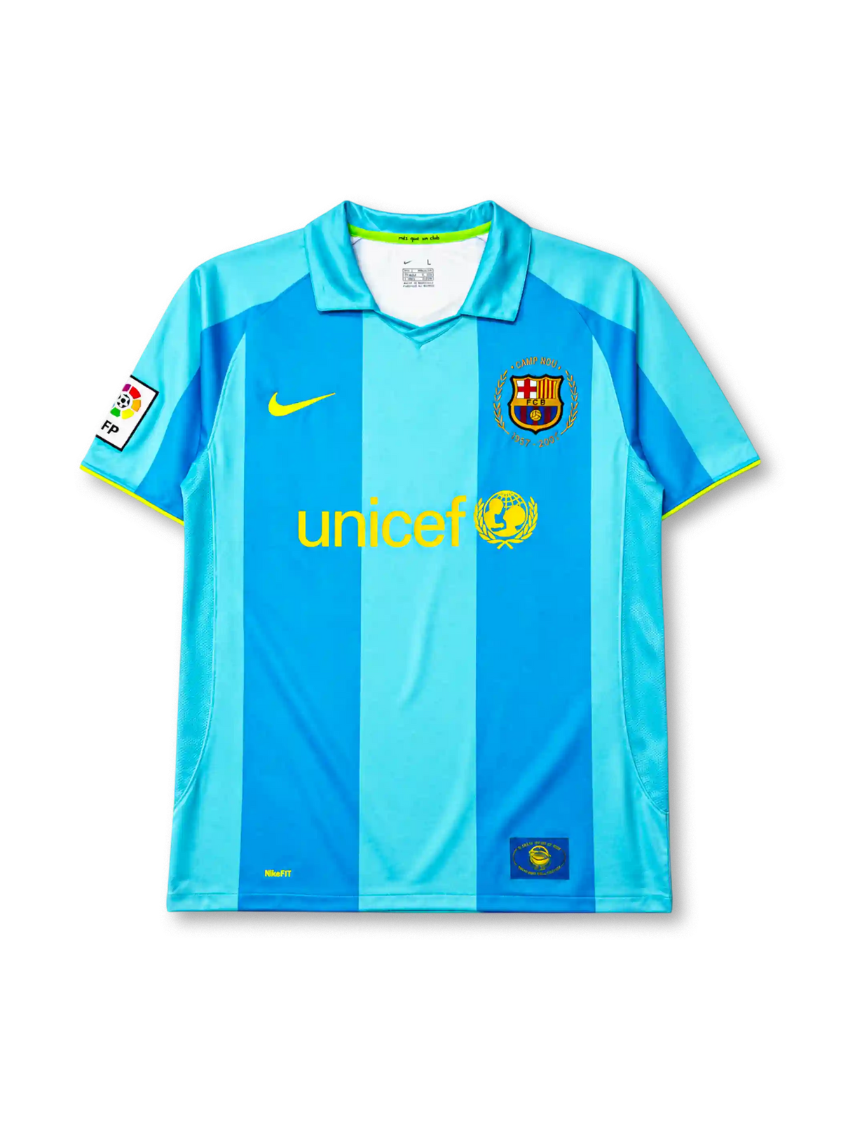 Barcelona 2007-08 away jersey, front view, two-tone sky blue vertical stripes, polo-style collar with green trim, yellow Nike swoosh, Camp Nou 1957-2007 anniversary crest, yellow unicef sponsor logo, La Liga patch on sleeve