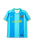 Barcelona 2007-08 away jersey, front view, two-tone sky blue vertical stripes, polo-style collar with green trim, yellow Nike swoosh, Camp Nou 1957-2007 anniversary crest, yellow unicef sponsor logo, La Liga patch on sleeve