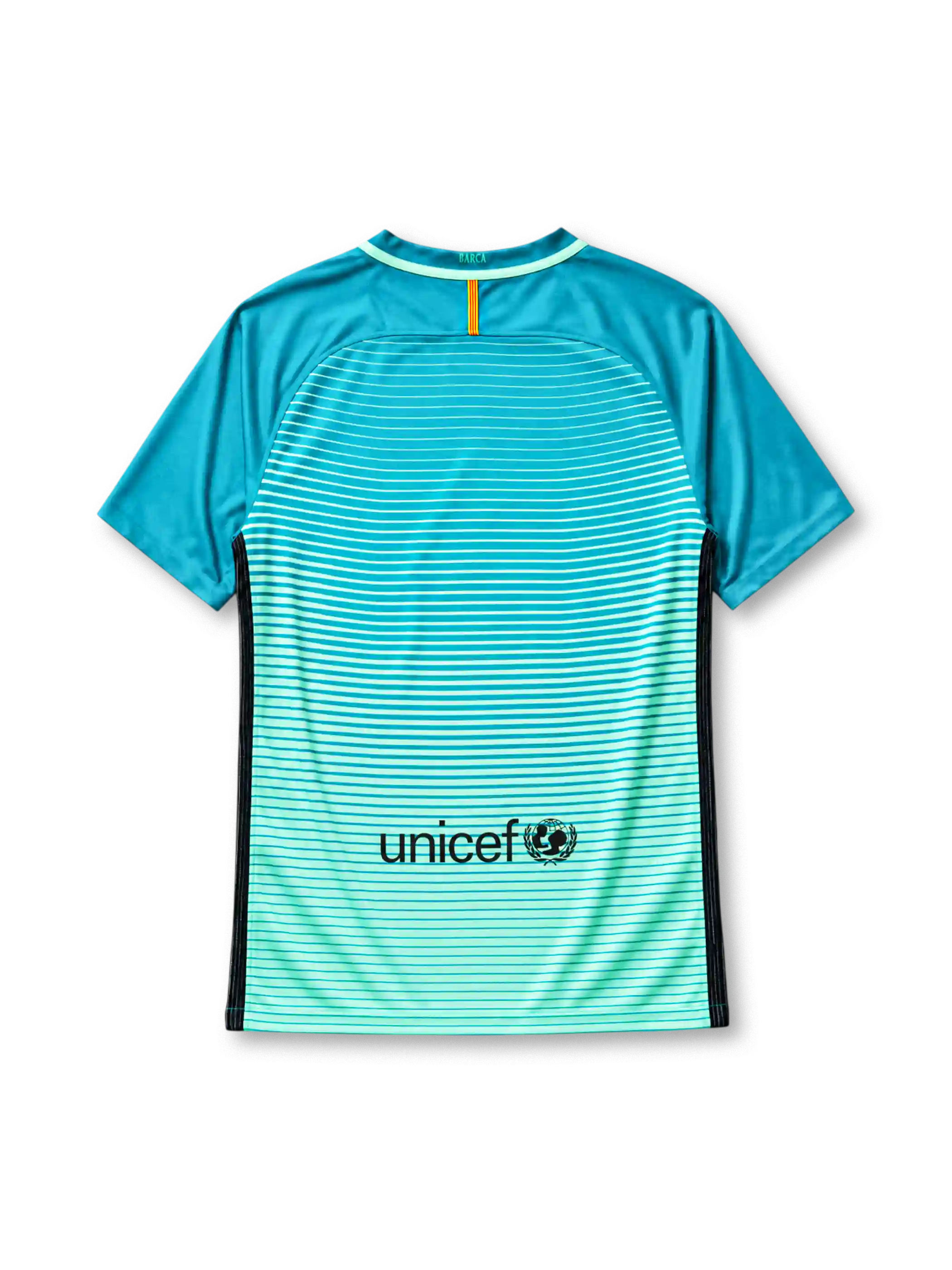 Barcelona 2016-17 third jersey, front view, teal to mint gradient with thin white horizontal stripes, mint green V-neck collar, black side panels, black Nike swoosh, Barcelona crest, maroon Qatar Airways sponsor logo
