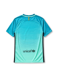Barcelona 2016-17 third jersey, front view, teal to mint gradient with thin white horizontal stripes, mint green V-neck collar, black side panels, black Nike swoosh, Barcelona crest, maroon Qatar Airways sponsor logo