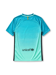 Barcelona 2016-17 third jersey, front view, teal to mint gradient with thin white horizontal stripes, mint green V-neck collar, black side panels, black Nike swoosh, Barcelona crest, maroon Qatar Airways sponsor logo