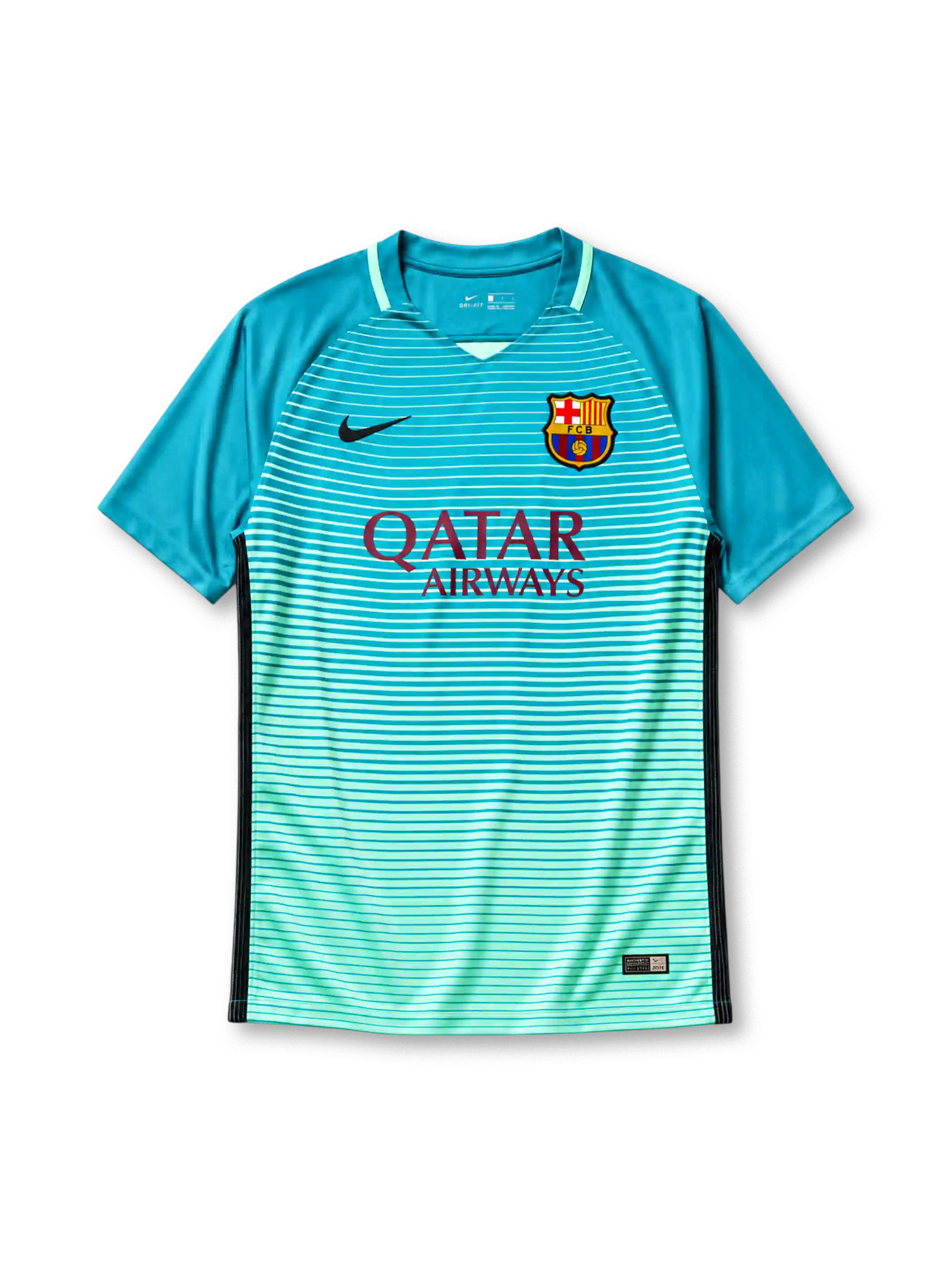 Barcelona 2016-17 third jersey, front view, teal to mint gradient with thin white horizontal stripes, mint green V-neck collar, black side panels, black Nike swoosh, Barcelona crest, maroon Qatar Airways sponsor logo