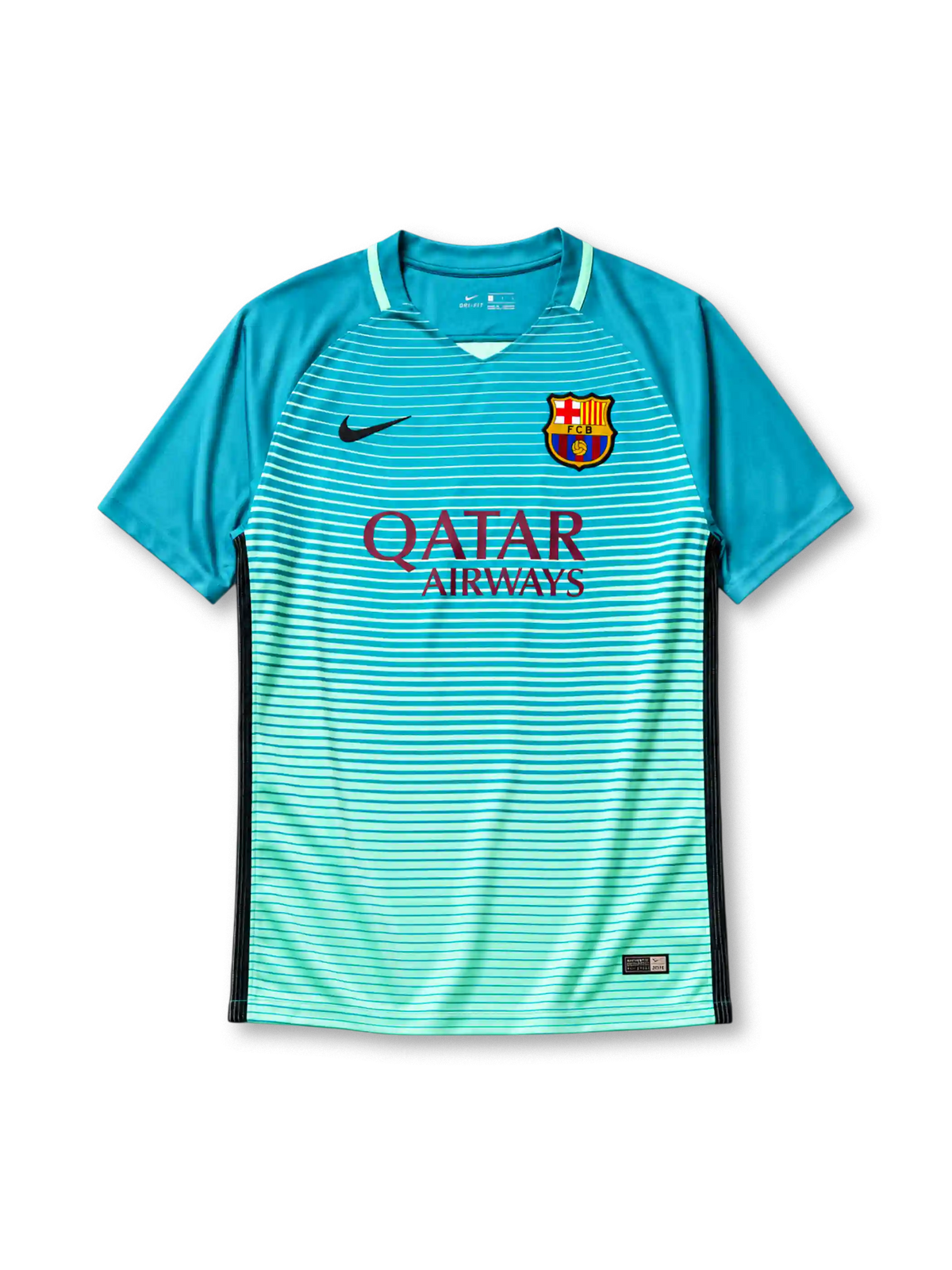 Barcelona 2016-17 third jersey, front view, teal to mint gradient with thin white horizontal stripes, mint green V-neck collar, black side panels, black Nike swoosh, Barcelona crest, maroon Qatar Airways sponsor logo