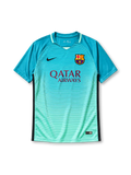 Barcelona 2016-17 third jersey, front view, teal to mint gradient with thin white horizontal stripes, mint green V-neck collar, black side panels, black Nike swoosh, Barcelona crest, maroon Qatar Airways sponsor logo