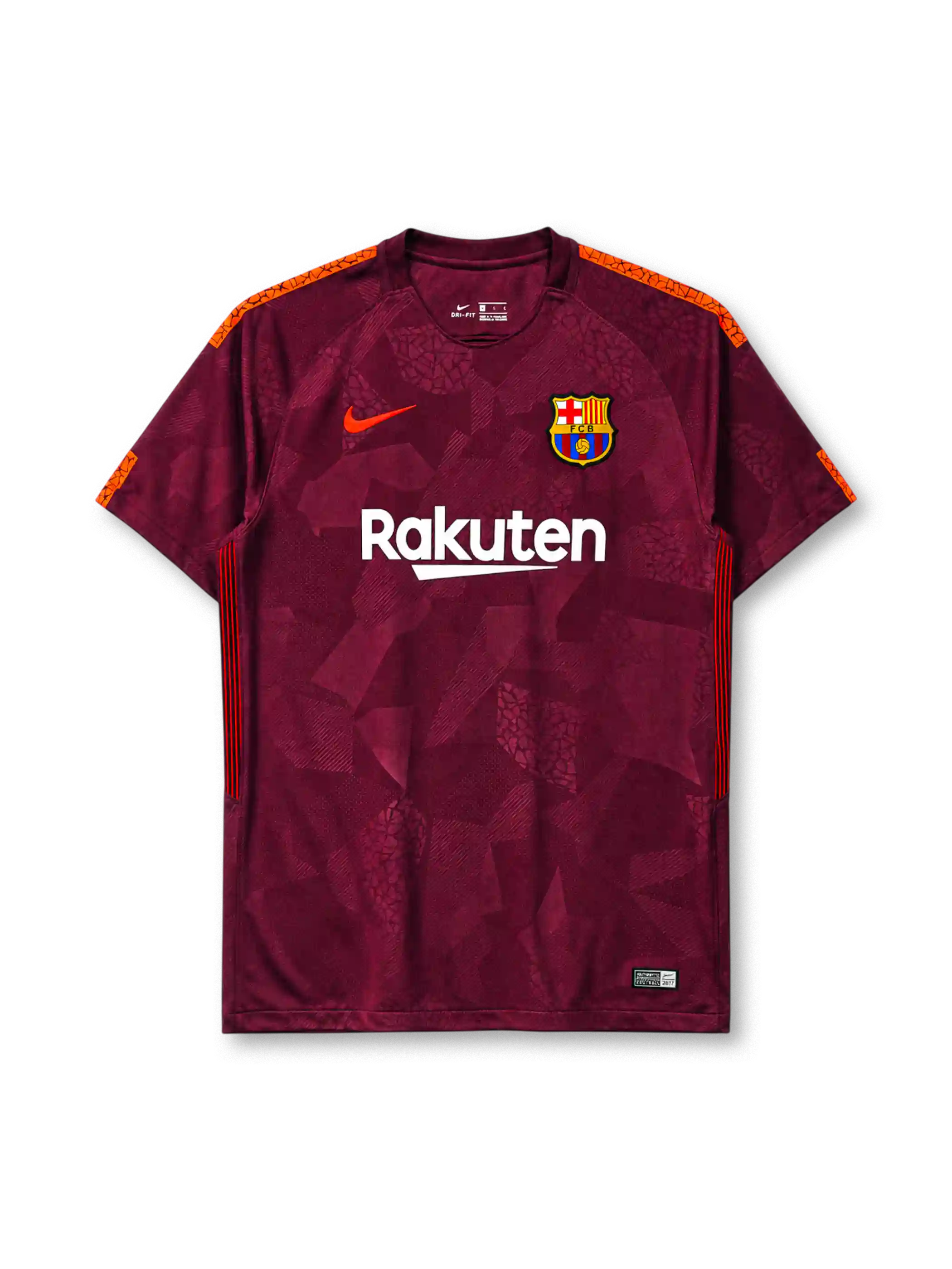 Barcelona 2017-18 third jersey, front view, deep maroon body with tonal geometric crackled pattern, orange shoulder accents, crew-neck collar, orange Nike swoosh, Barcelona crest, white Rakuten sponsor logo, black and red striped side panels