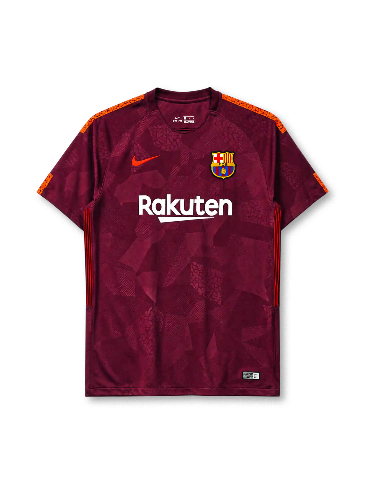 Barcelona 2017-18 third jersey, front view, deep maroon body with tonal geometric crackled pattern, orange shoulder accents, crew-neck collar, orange Nike swoosh, Barcelona crest, white Rakuten sponsor logo, black and red striped side panels