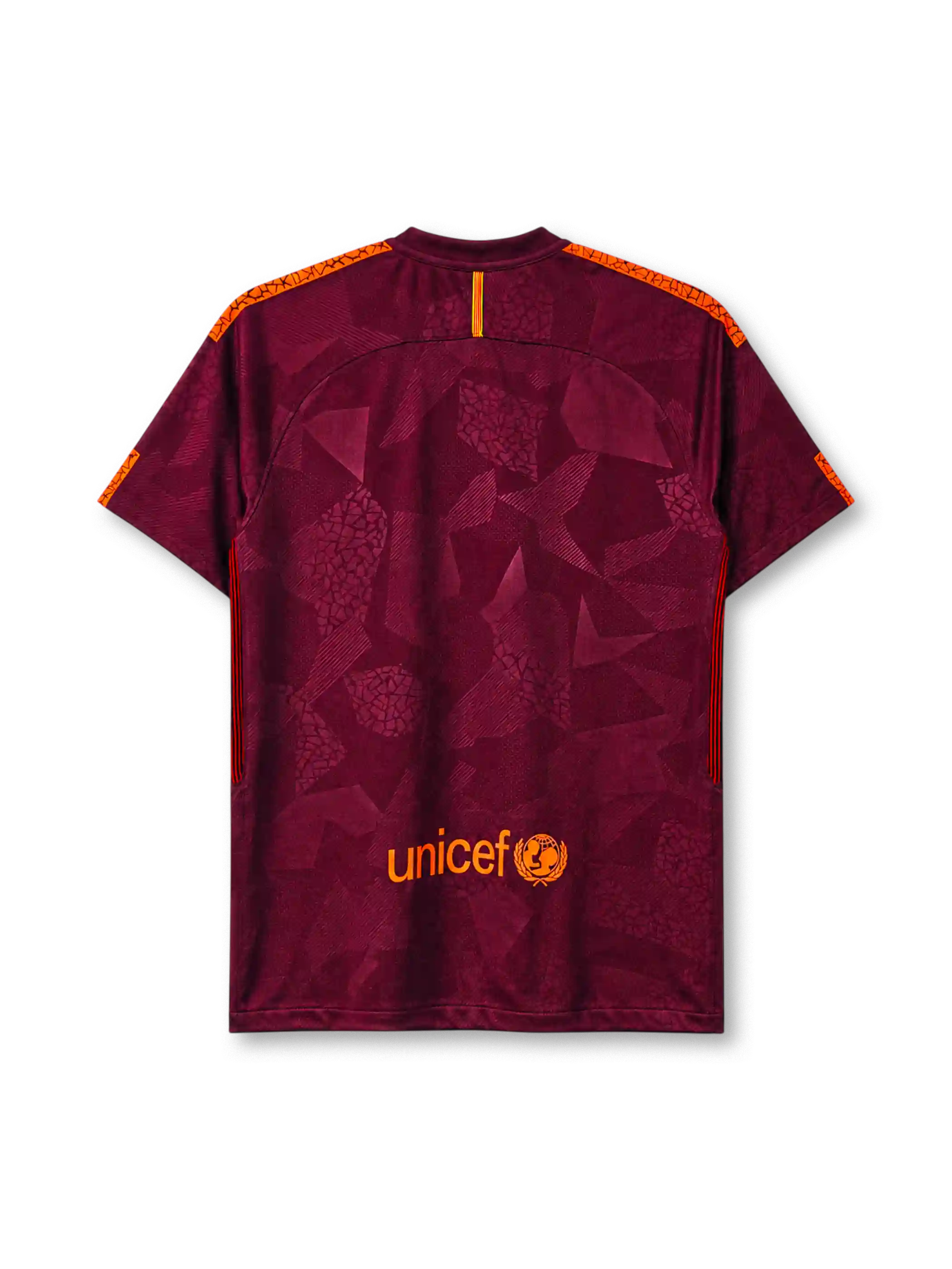 Barcelona 2017-18 third jersey, front view, deep maroon body with tonal geometric crackled pattern, orange shoulder accents, crew-neck collar, orange Nike swoosh, Barcelona crest, white Rakuten sponsor logo, black and red striped side panels