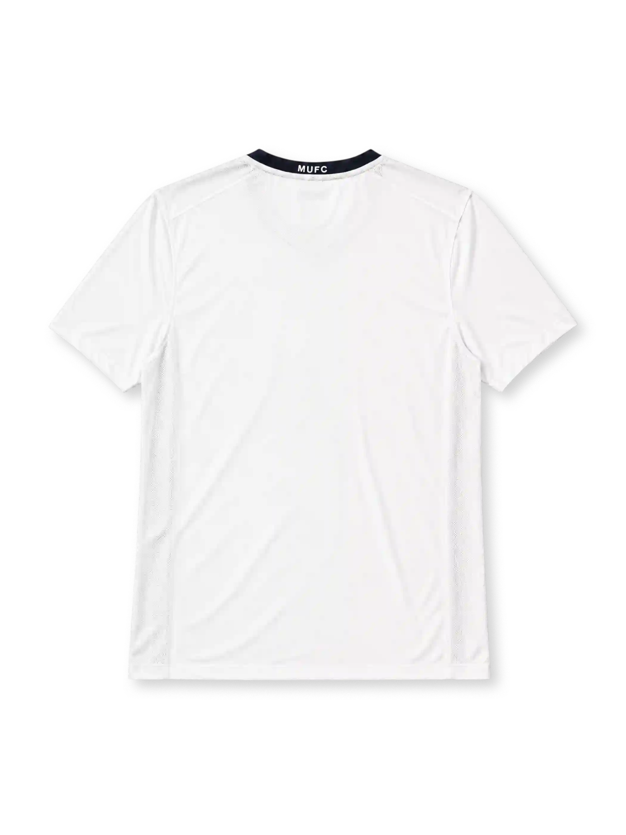 Manchester United 2008-09 away jersey, front view, white body with navy side panels, black V-neck collar with red inset and United text, black Nike swoosh, Manchester United crest, boxed AIG sponsor logo, NikeFIT wordmark near hem