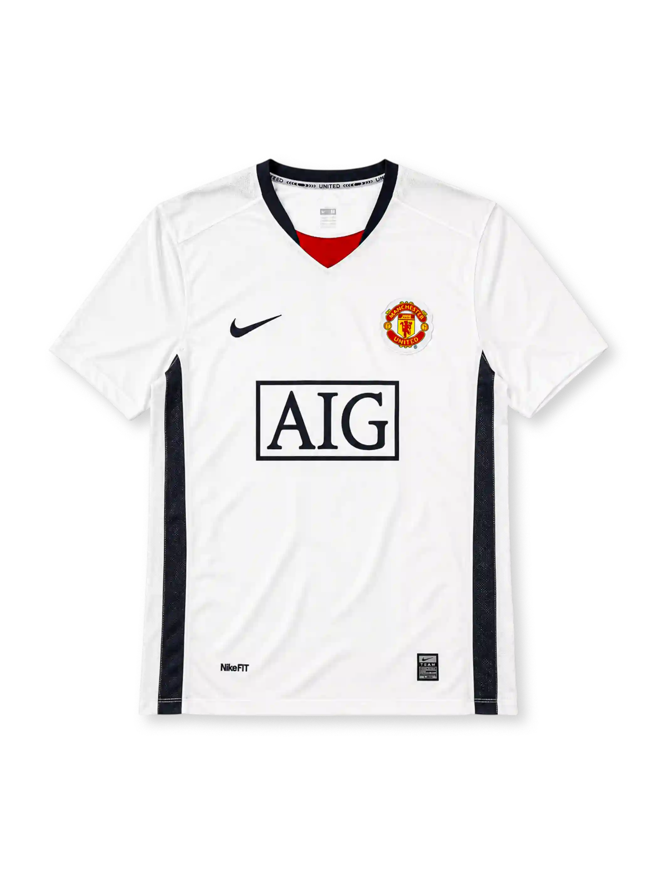 Manchester United 2008-09 away jersey, front view, white body with navy side panels, black V-neck collar with red inset and United text, black Nike swoosh, Manchester United crest, boxed AIG sponsor logo, NikeFIT wordmark near hem