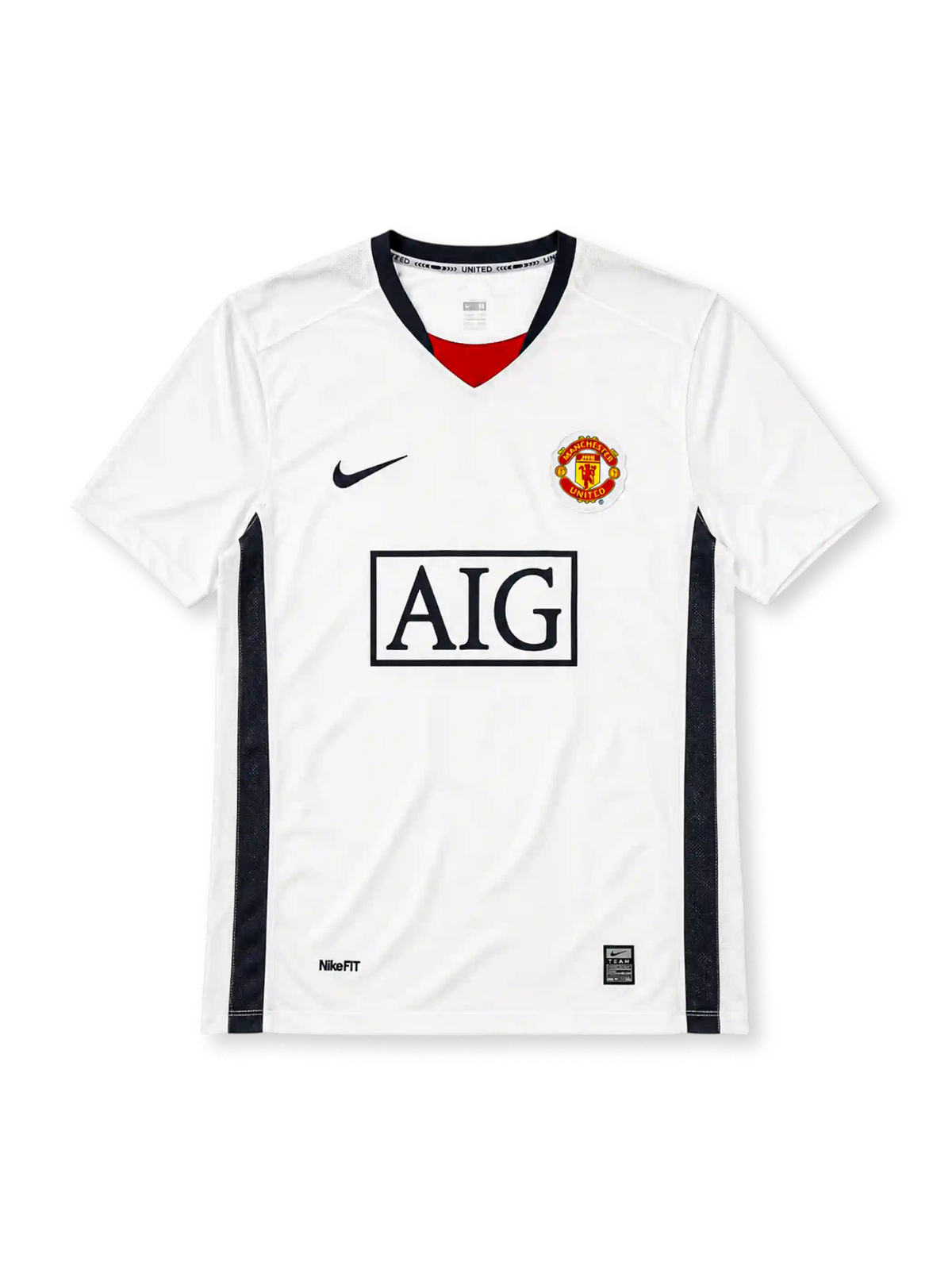 Manchester United 2008-09 away jersey, front view, white body with navy side panels, black V-neck collar with red inset and United text, black Nike swoosh, Manchester United crest, boxed AIG sponsor logo, NikeFIT wordmark near hem