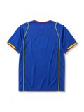 Arsenal 2004-05 away jersey, front view, blue body with yellow piping, crew-neck collar with red trim, yellow Nike swoosh, Arsenal crest, white O2 sponsor logo, yellow diagonal accent on sleeve cuff