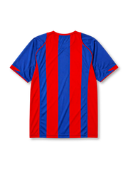 Barcelona 2004-05 home jersey, front view, bold blue and garnet vertical stripes, blue crew-neck collar with red trim, yellow Nike swoosh, Barcelona crest, no shirt sponsor