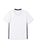 Manchester United 2008-09 away jersey, front view, white body with navy side panels, navy V-neck collar with red inset and United text, navy Nike swoosh, Final Roma 2009 commemorative text, Manchester United crest, boxed AIG sponsor logo