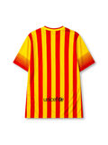 Barcelona 2013-14 away jersey, front view, bold yellow and red vertical stripes, crew-neck collar, striped cuffs, black Nike swoosh, Barcelona crest, black Qatar Airways sponsor logo