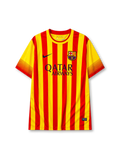 Barcelona 2013-14 away jersey, front view, bold yellow and red vertical stripes, crew-neck collar, striped cuffs, black Nike swoosh, Barcelona crest, black Qatar Airways sponsor logo