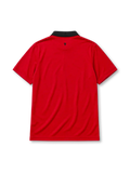 Manchester United 2013-14 home jersey, front view, red body, black polo-style collar with button placket, white Nike swoosh, Manchester United crest, white AON sponsor logo