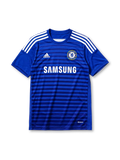 Chelsea 2014-15 home jersey, front view, blue body with tonal navy horizontal stripe pattern, blue crew-neck collar, white adidas logo and stripes, Chelsea crest with lion, white Samsung sponsor logo, climacool wordmark near hem