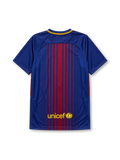 Barcelona 2017-18 home jersey, front view, fine blue and garnet vertical pinstripes, yellow-trimmed crew-neck collar, yellow Nike swoosh, Barcelona crest, white Rakuten sponsor logo