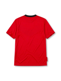 Manchester United 2010 home jersey, front view, red body with black chevron panel, black crew-neck collar, white Nike swoosh, Manchester United crest, boxed white AIG sponsor logo