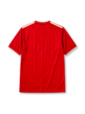 Liverpool 1986-87 home jersey, front view, red body, white V-neck collar with gold piping, white and gold adidas stripes, F.A. Cup Final Wembley 1986 commemorative text, white L.F.C. liver bird crest, white Crown Paints sponsor logo