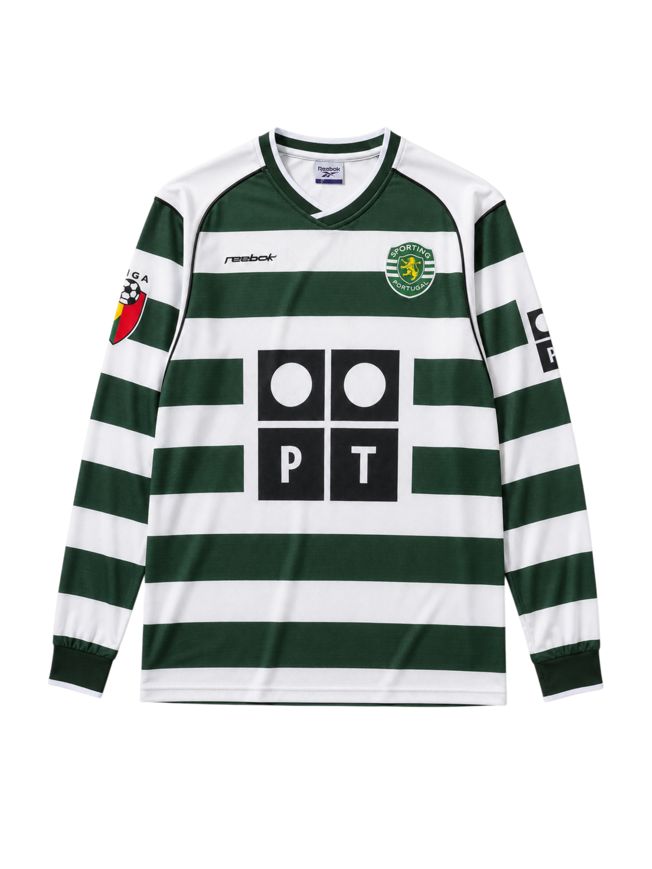 Sporting CP 2001-03 green white home long-sleeve retro football jersey with PT sponsor