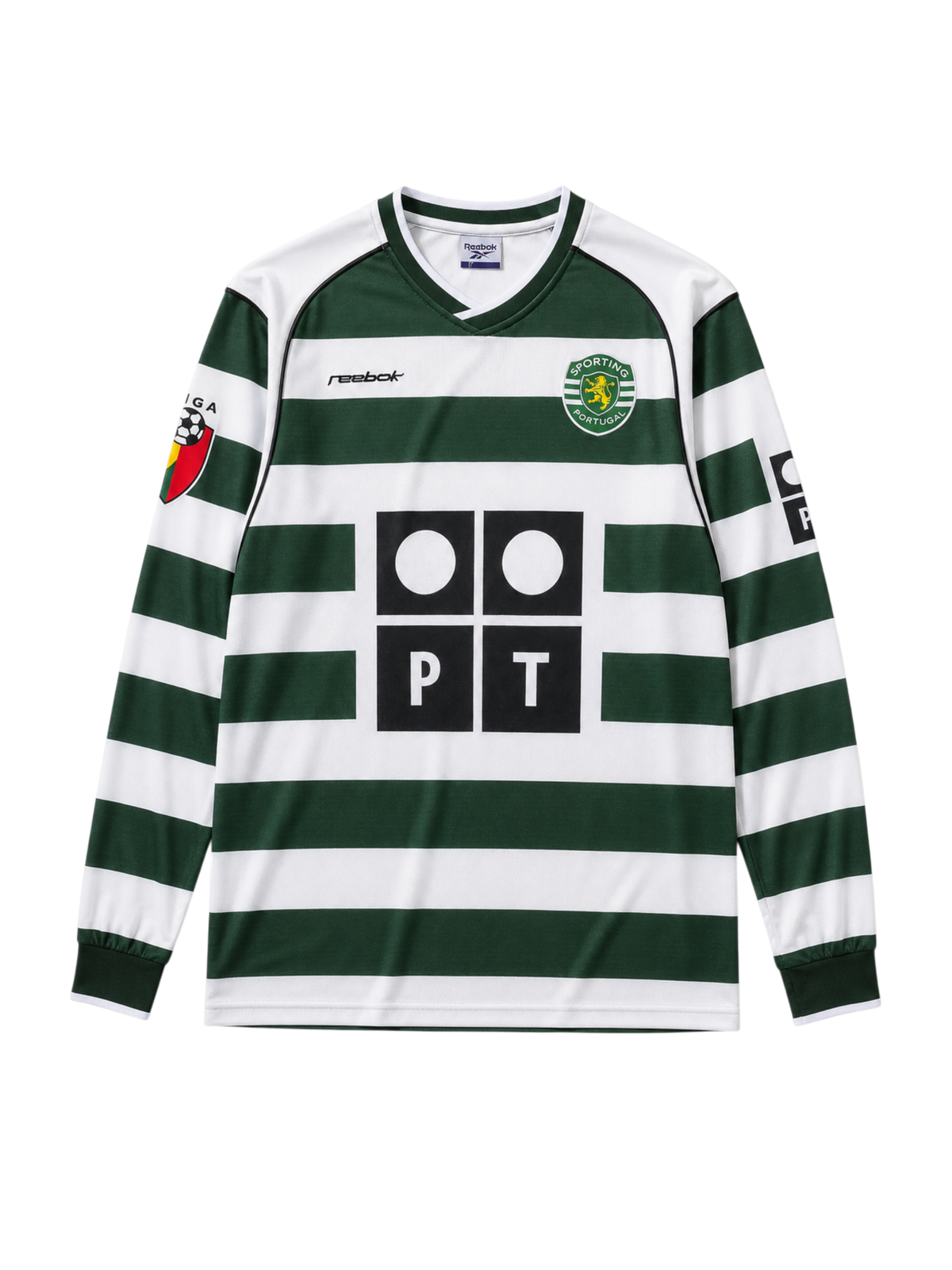 Sporting CP 2001-03 green white home long-sleeve retro football jersey with PT sponsor
