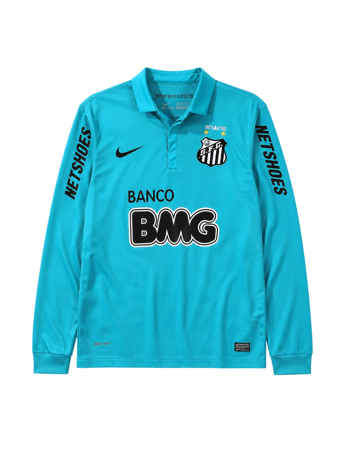 Santos FC 2012-13 teal third long-sleeve retro football jersey with Banco BMG sponsor