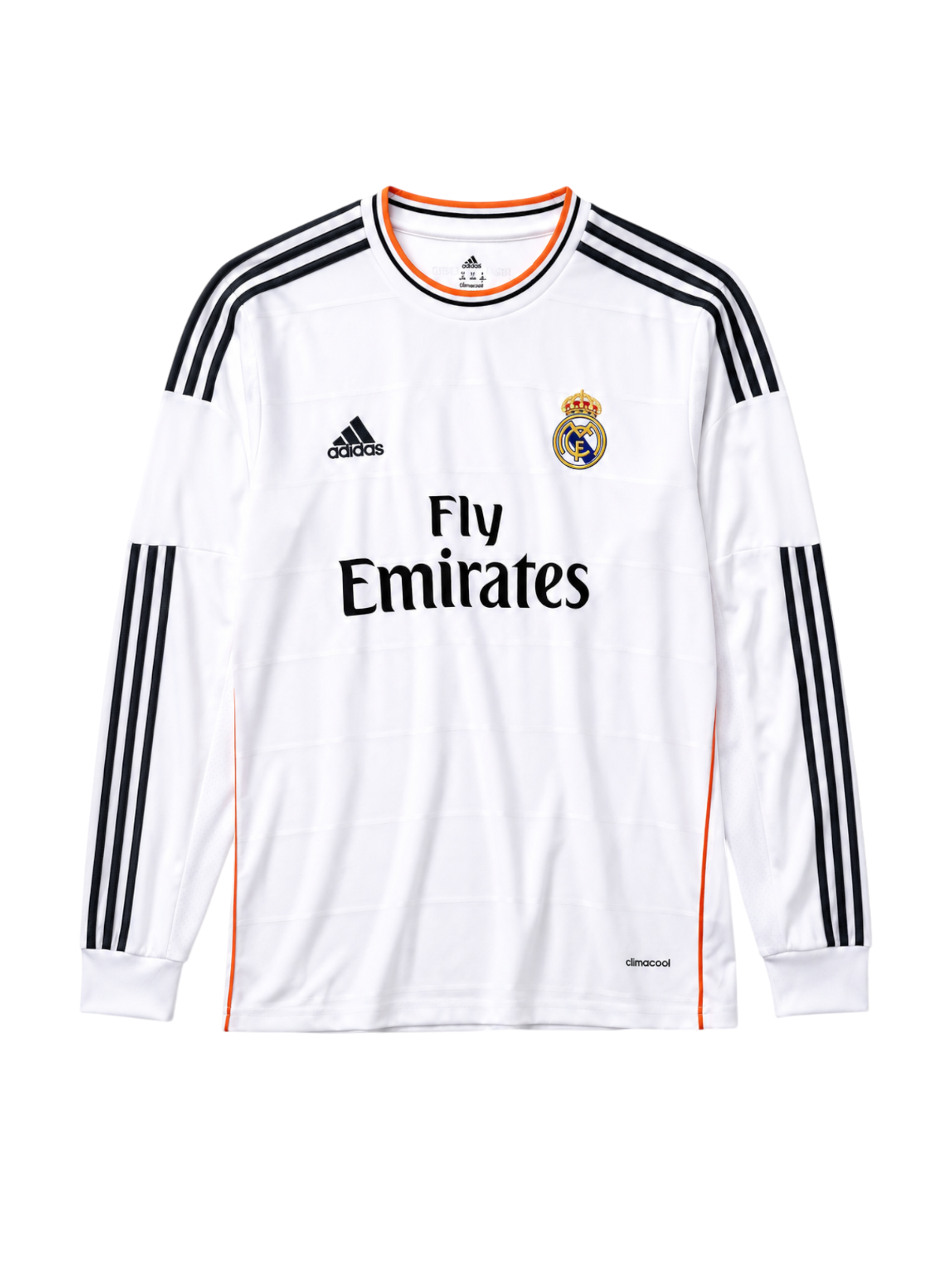 Real Madrid 2013-14 white home long-sleeve retro football jersey with Fly Emirates sponsor