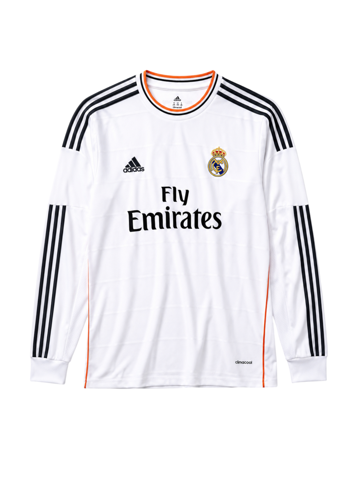 Real Madrid 2013-14 white home long-sleeve retro football jersey with Fly Emirates sponsor