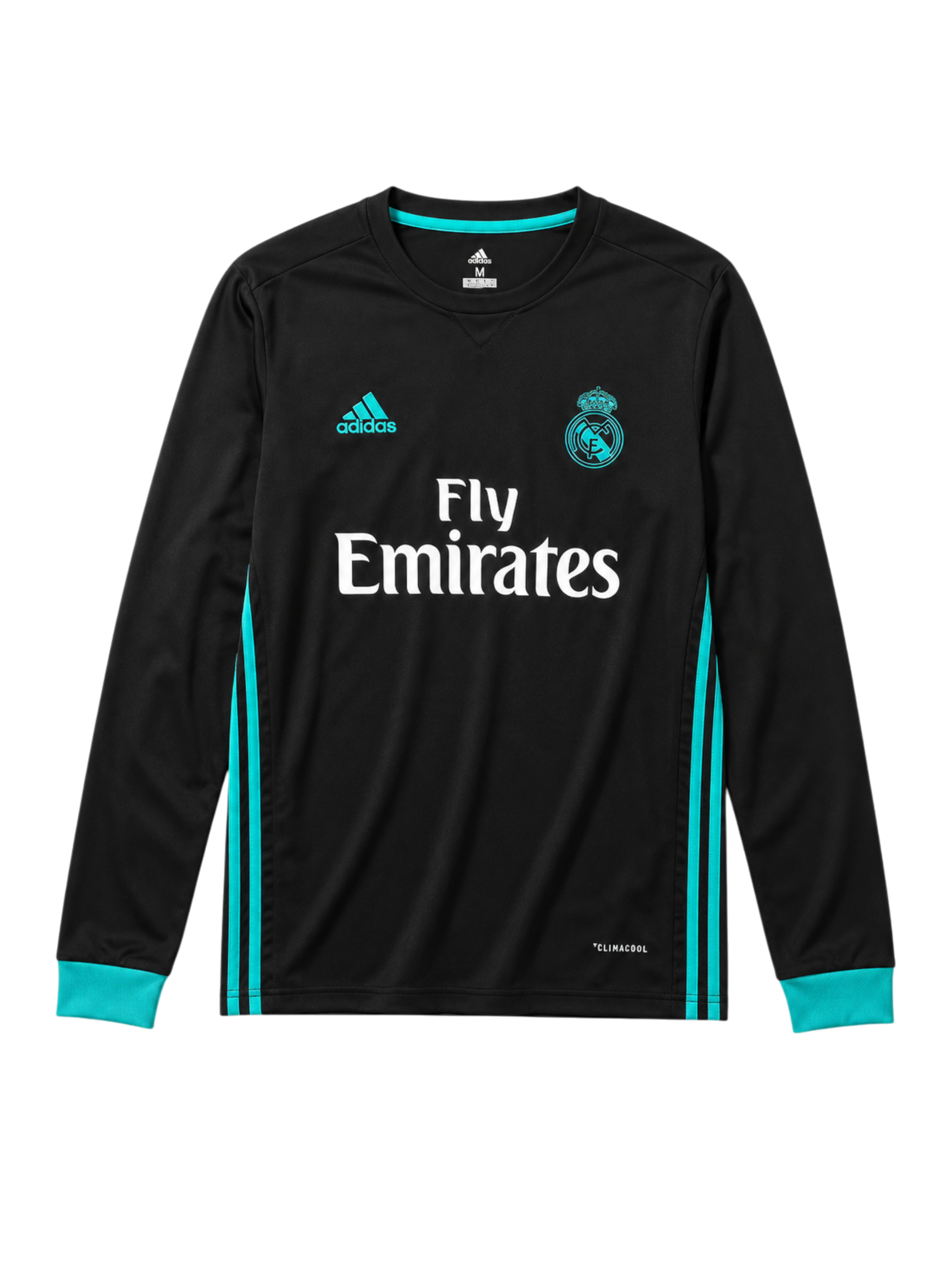 Real Madrid 2017-18 black away long-sleeve retro football jersey with Fly Emirates sponsor