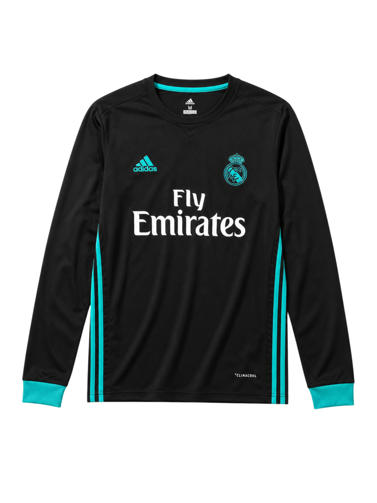 Real Madrid 2017-18 black away long-sleeve retro football jersey with Fly Emirates sponsor