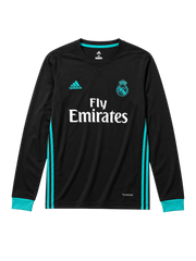 Real Madrid 2017-18 black away long-sleeve retro football jersey with Fly Emirates sponsor