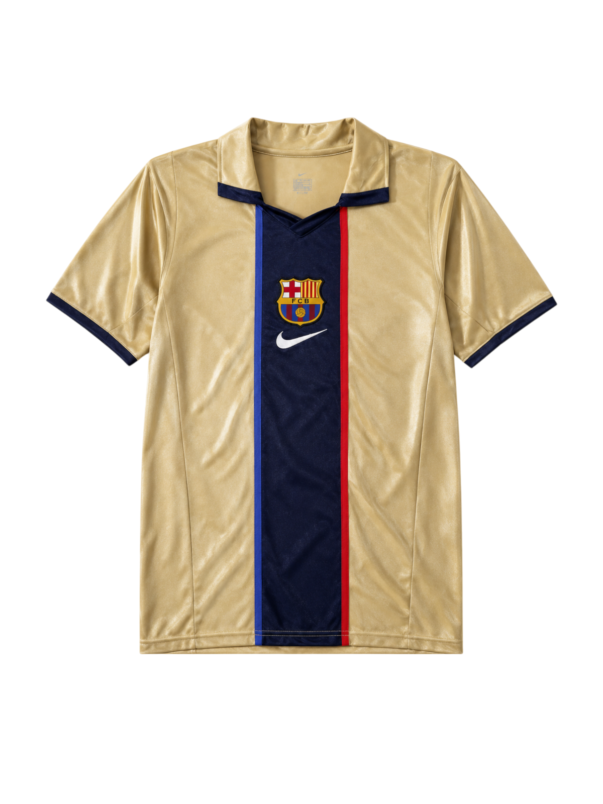 Barcelona 2001/02 away football jersey by Nike in gold and navy