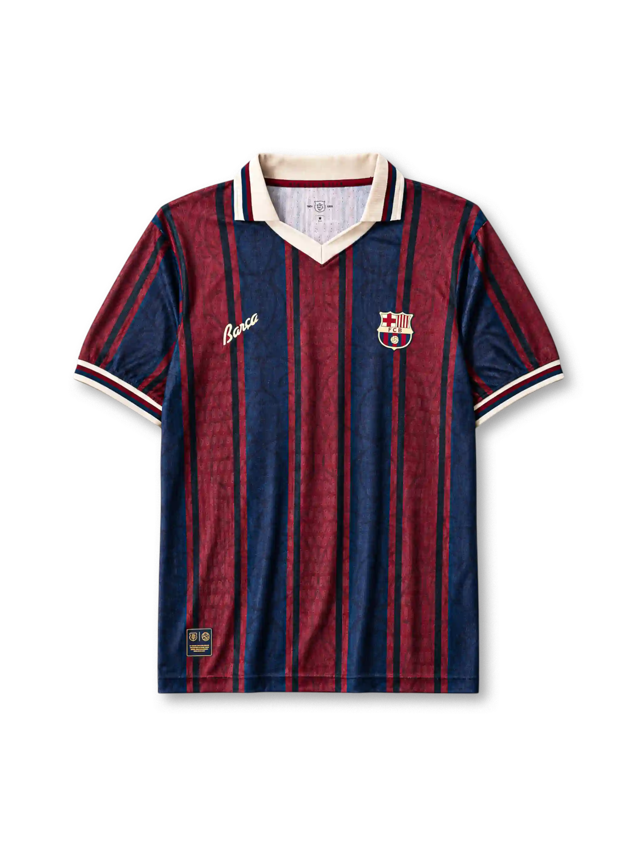 Barcelona 125th anniversary home football jersey with vintage vertical stripes