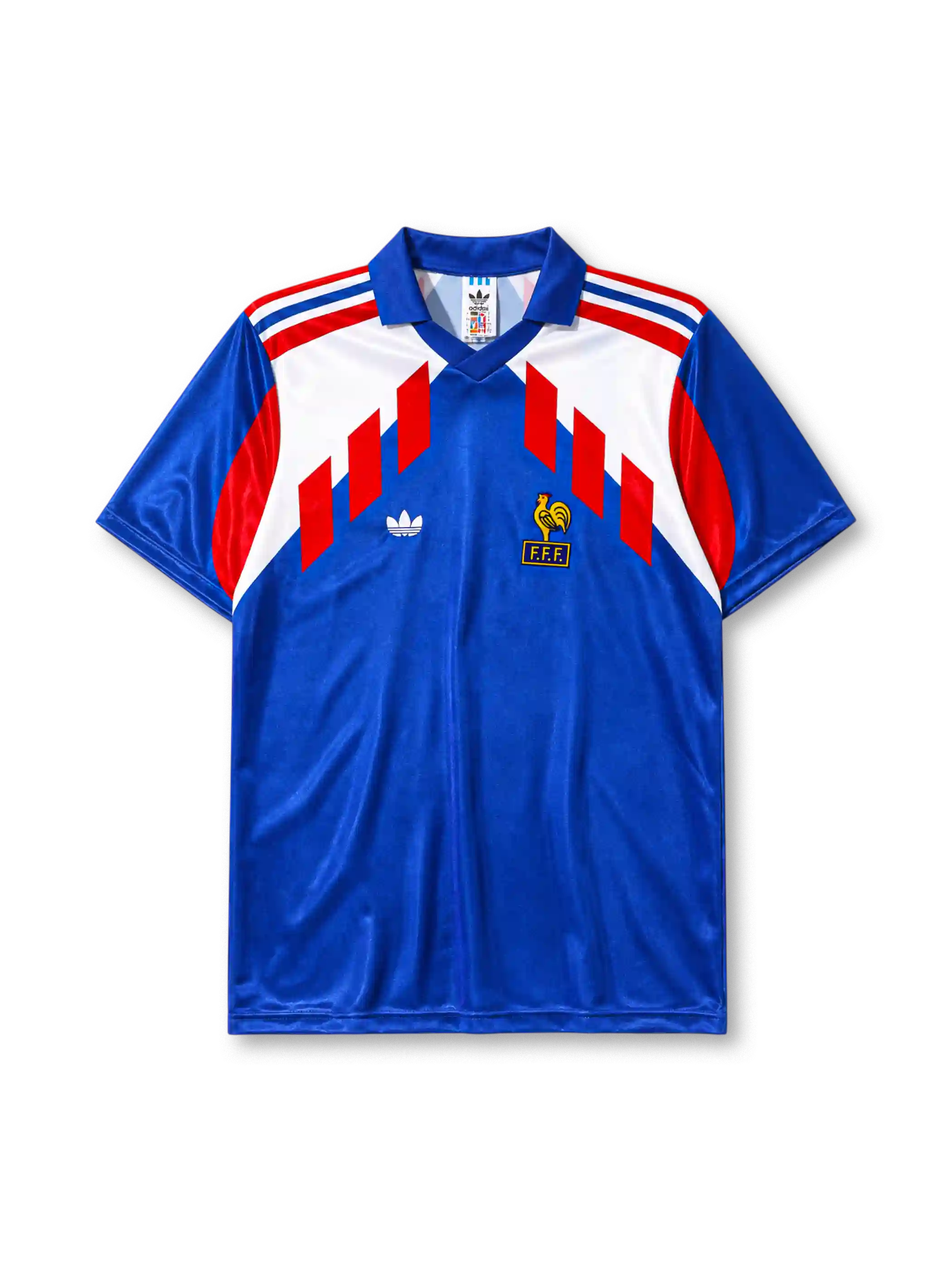France 1990 home football jersey by Adidas with red white chevron design