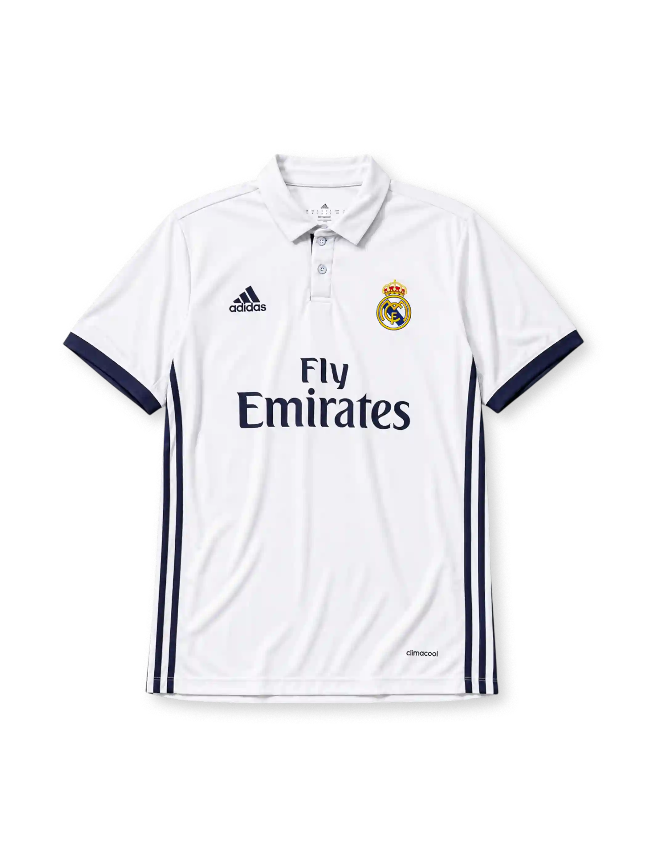 Real Madrid 2016/17 home football jersey by Adidas with Fly Emirates sponsor logo