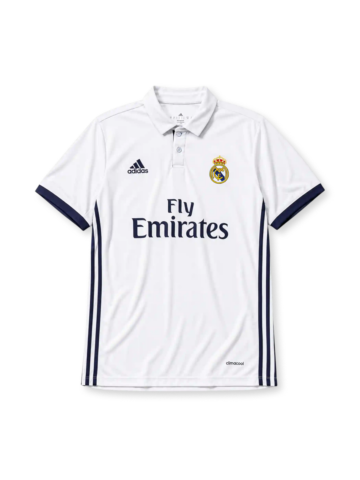 Real Madrid 2016/17 home football jersey by Adidas with Fly Emirates sponsor logo