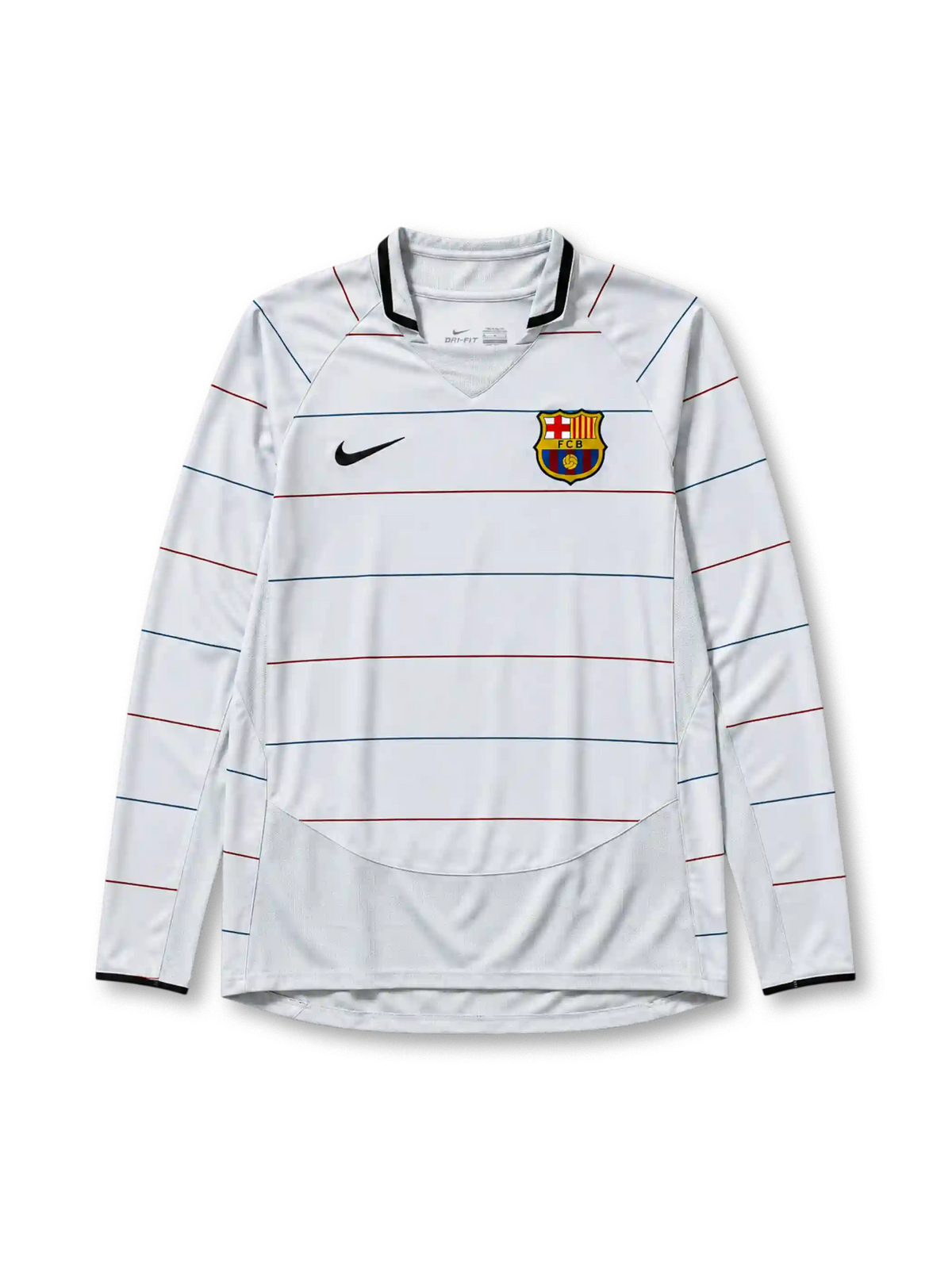 Barcelona 2003/04 away football jersey by Nike in white with thin stripes