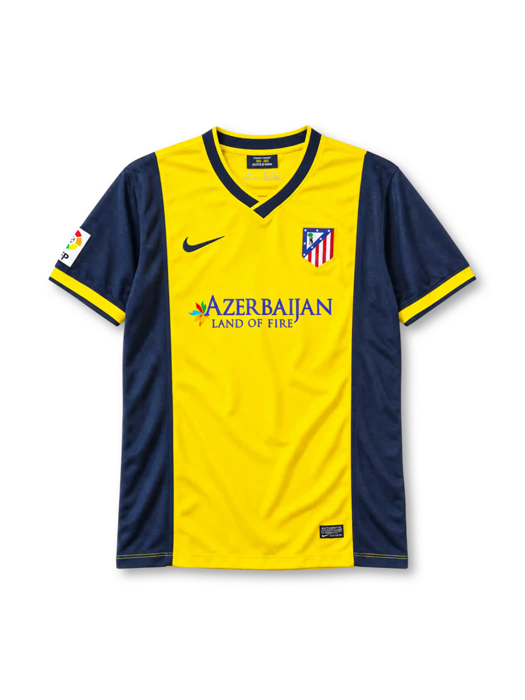 Atlético Madrid 2013/14 away football jersey by Nike with Azerbaijan Land of Fire sponsor logo
