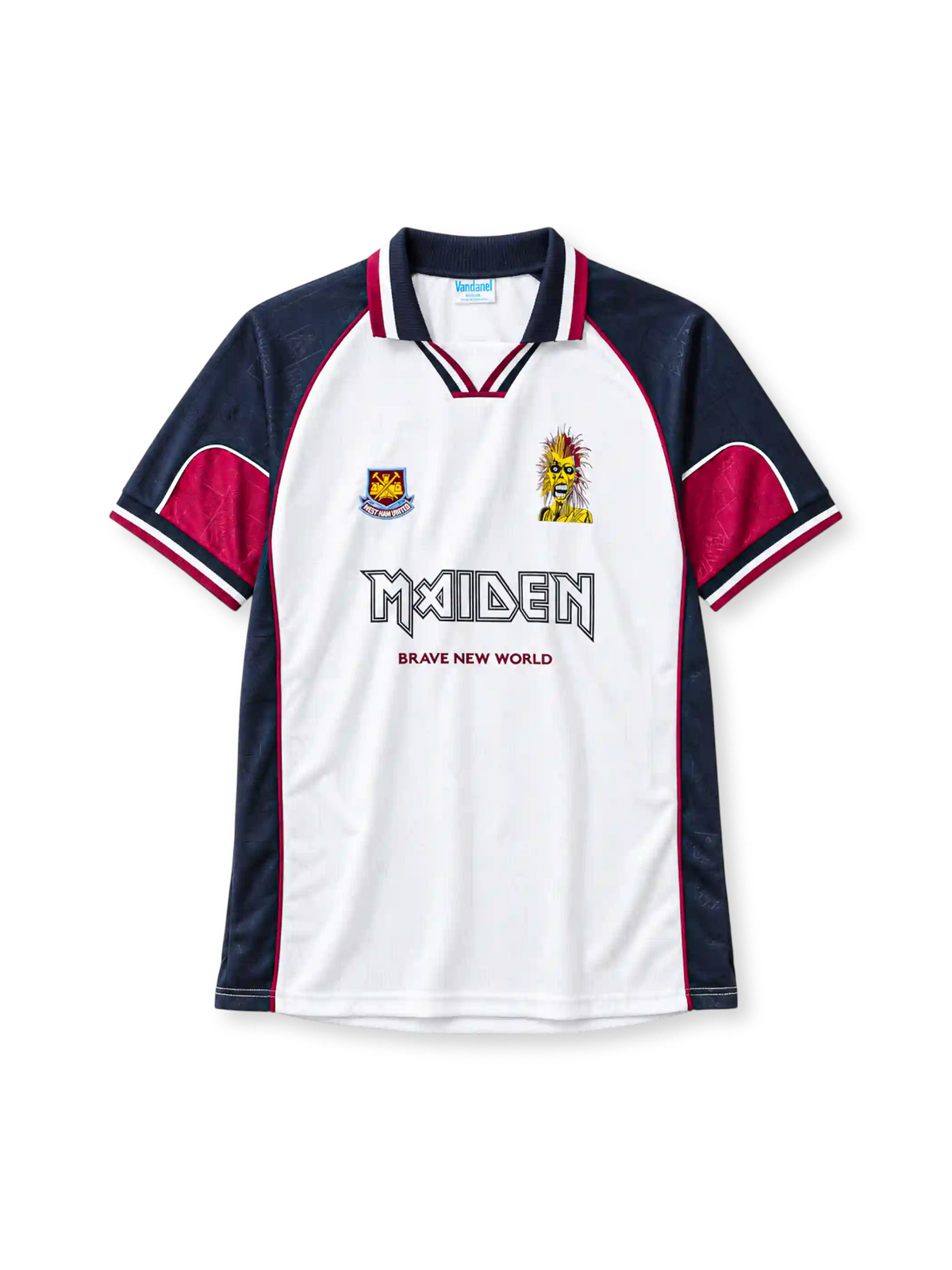 West Ham United 1999 away football jersey by Vandanel with Iron Maiden Brave New World branding
