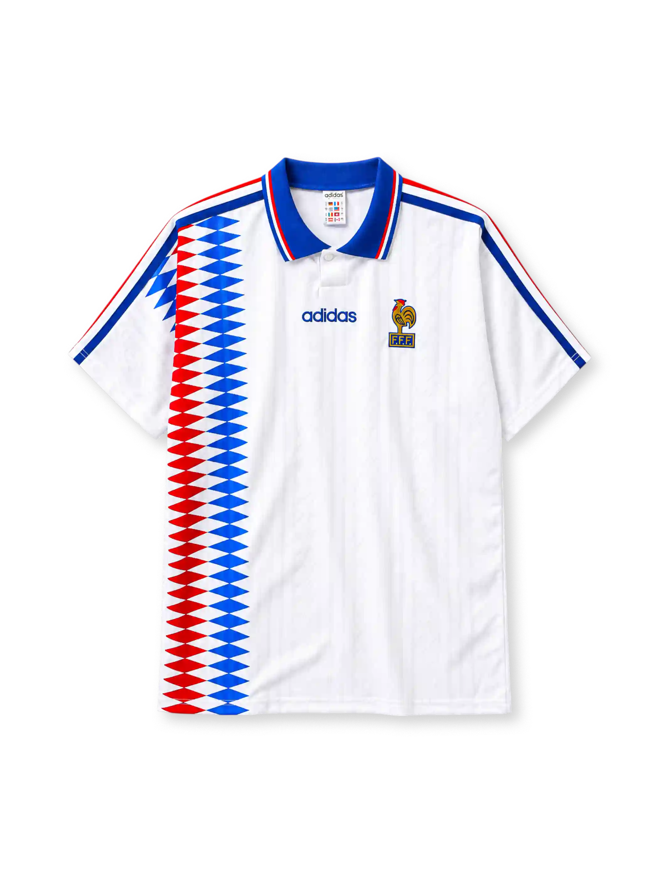 France 1994 away football jersey by Adidas with red and blue diamond pattern