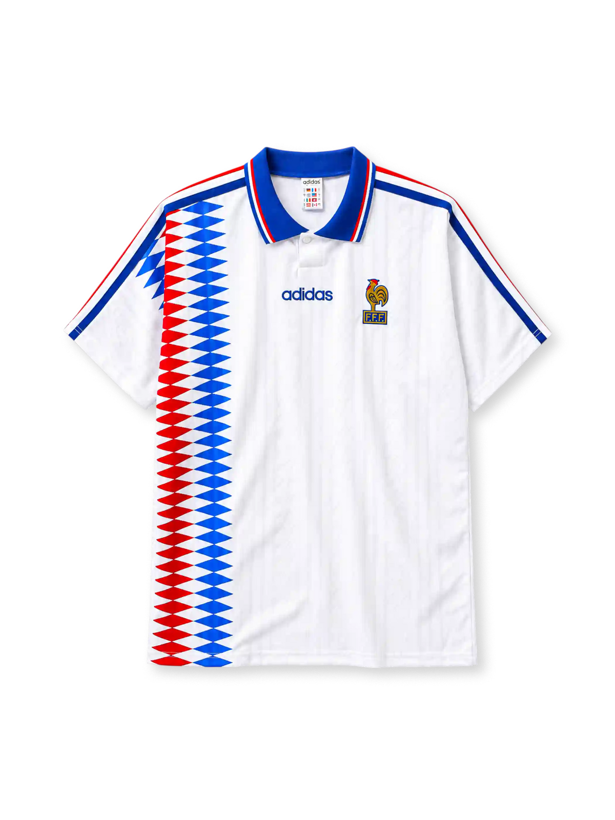 France 1994 away football jersey by Adidas with red and blue diamond pattern
