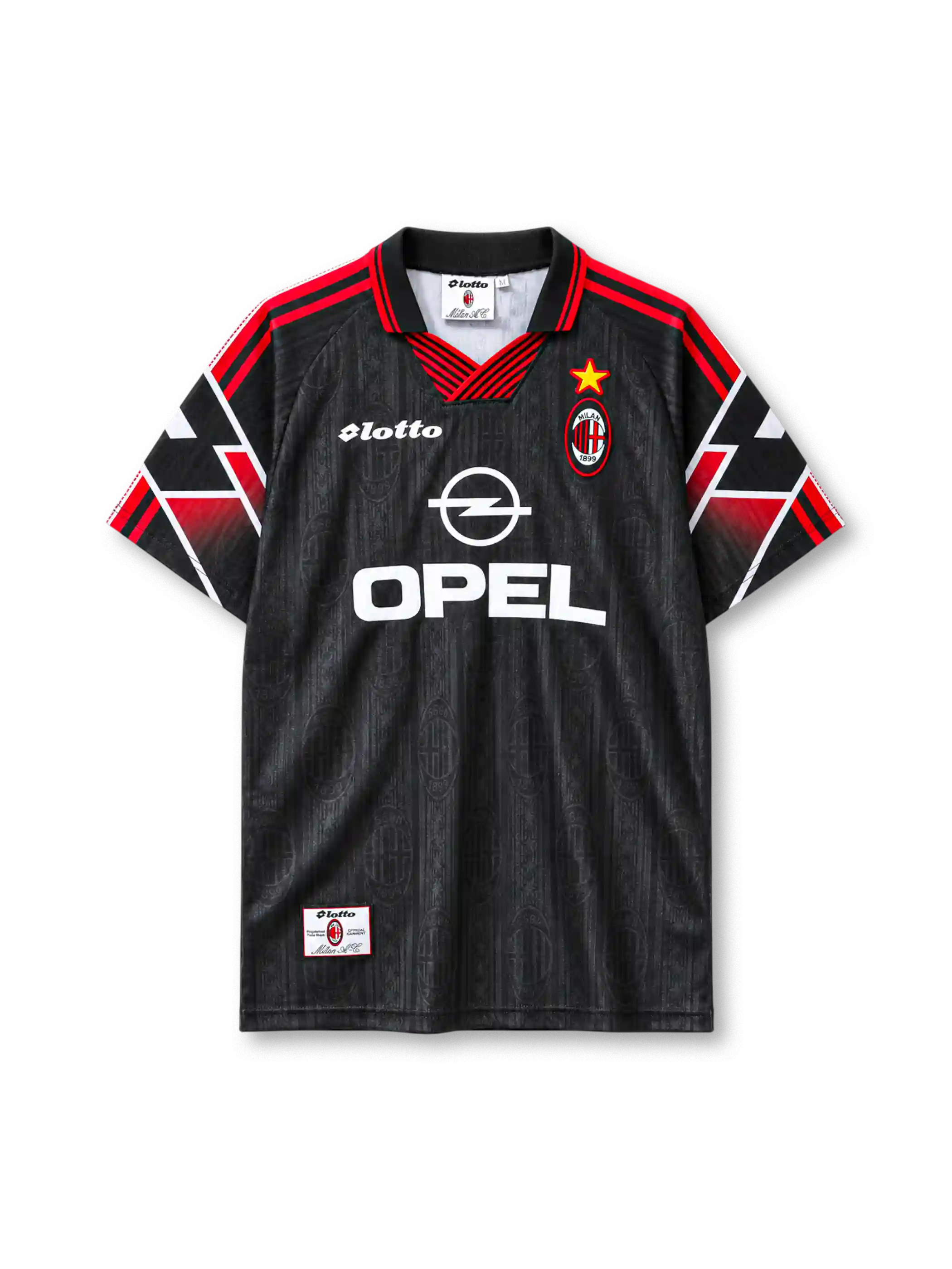 AC Milan 1997-98 third jersey Lotto front view black red graphic sleeves