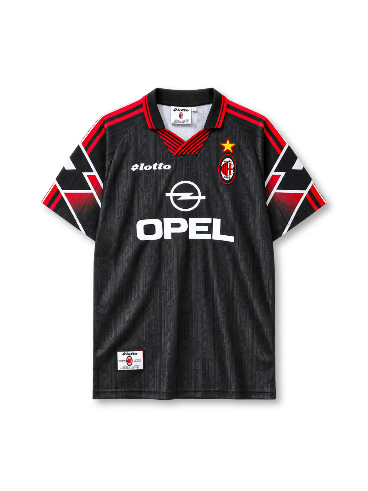 AC Milan 1997-98 third jersey Lotto front view black red graphic sleeves
