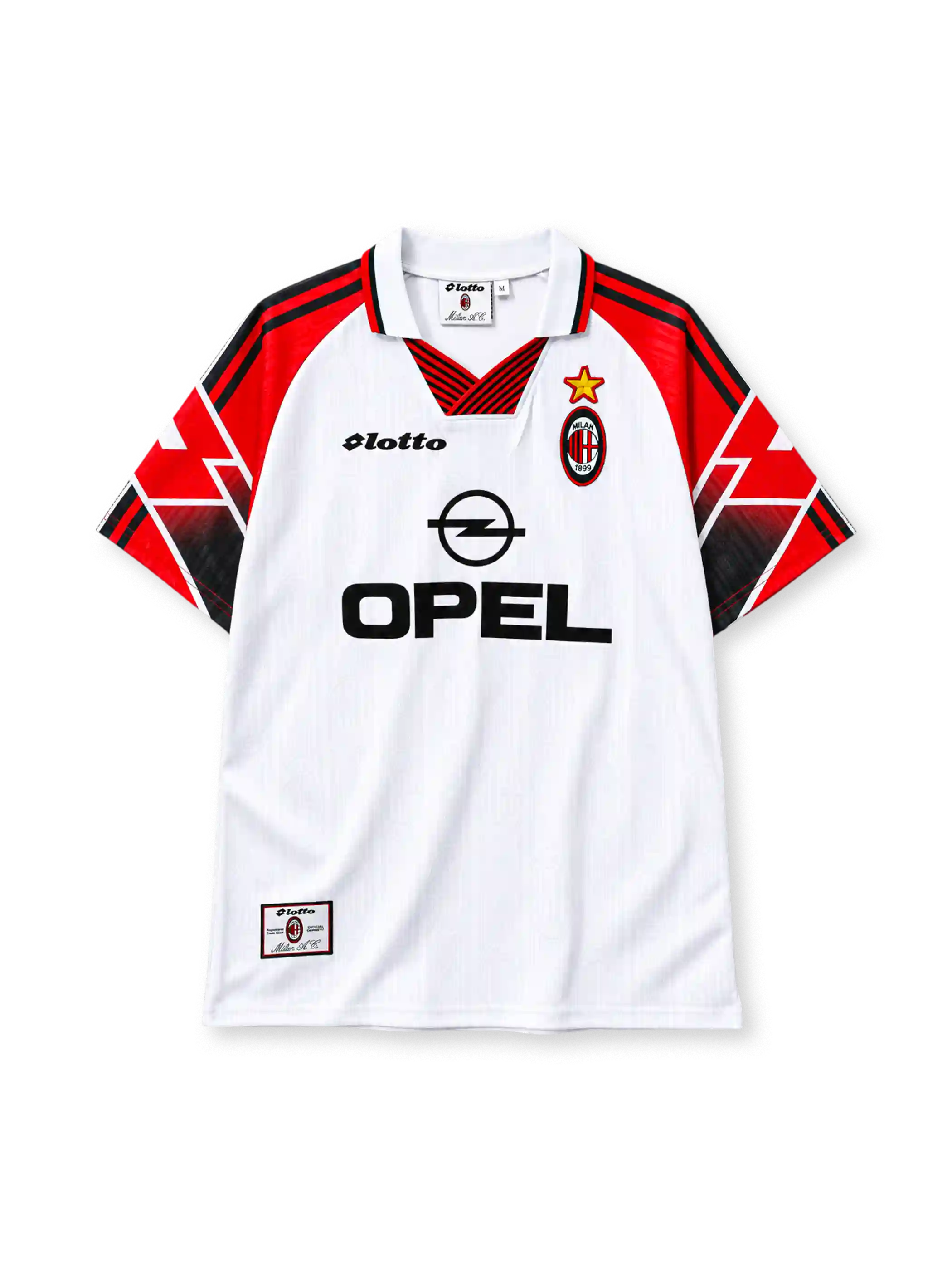 AC Milan 1997-98 away jersey Lotto front view white red graphic sleeves