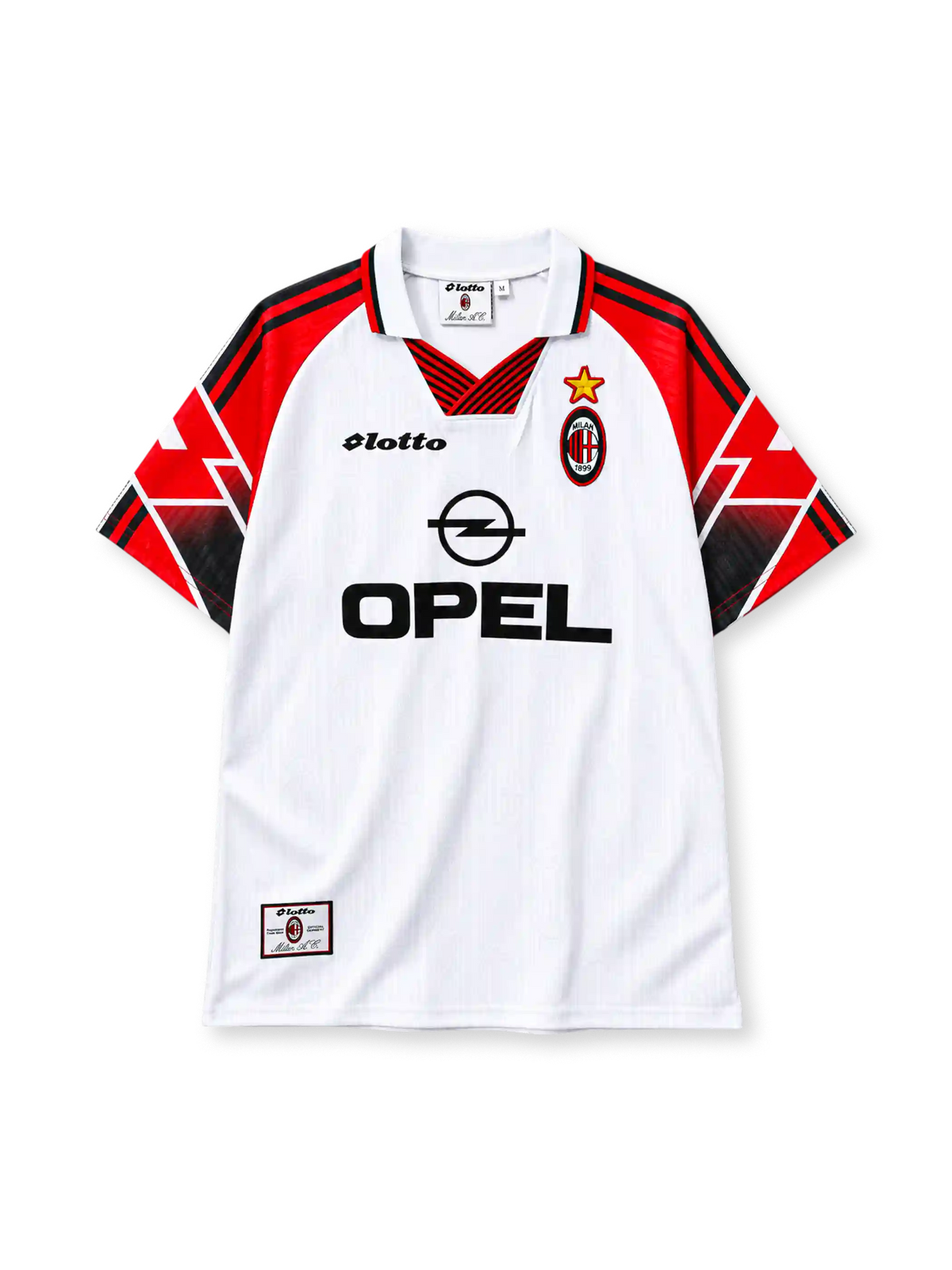 AC Milan 1997-98 away jersey Lotto front view white red graphic sleeves