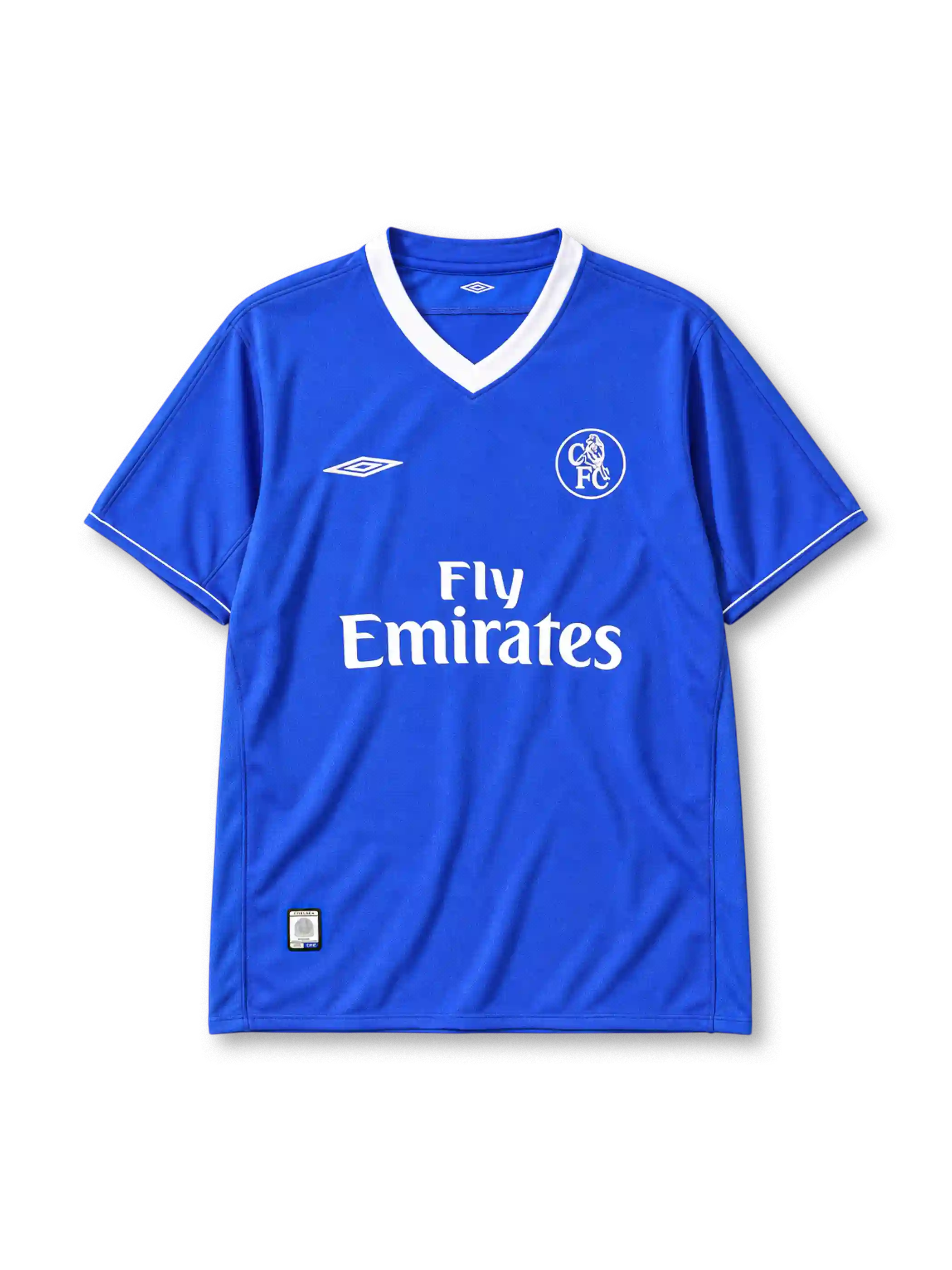 Chelsea 2003-05 home jersey Umbro front view blue Fly Emirates
