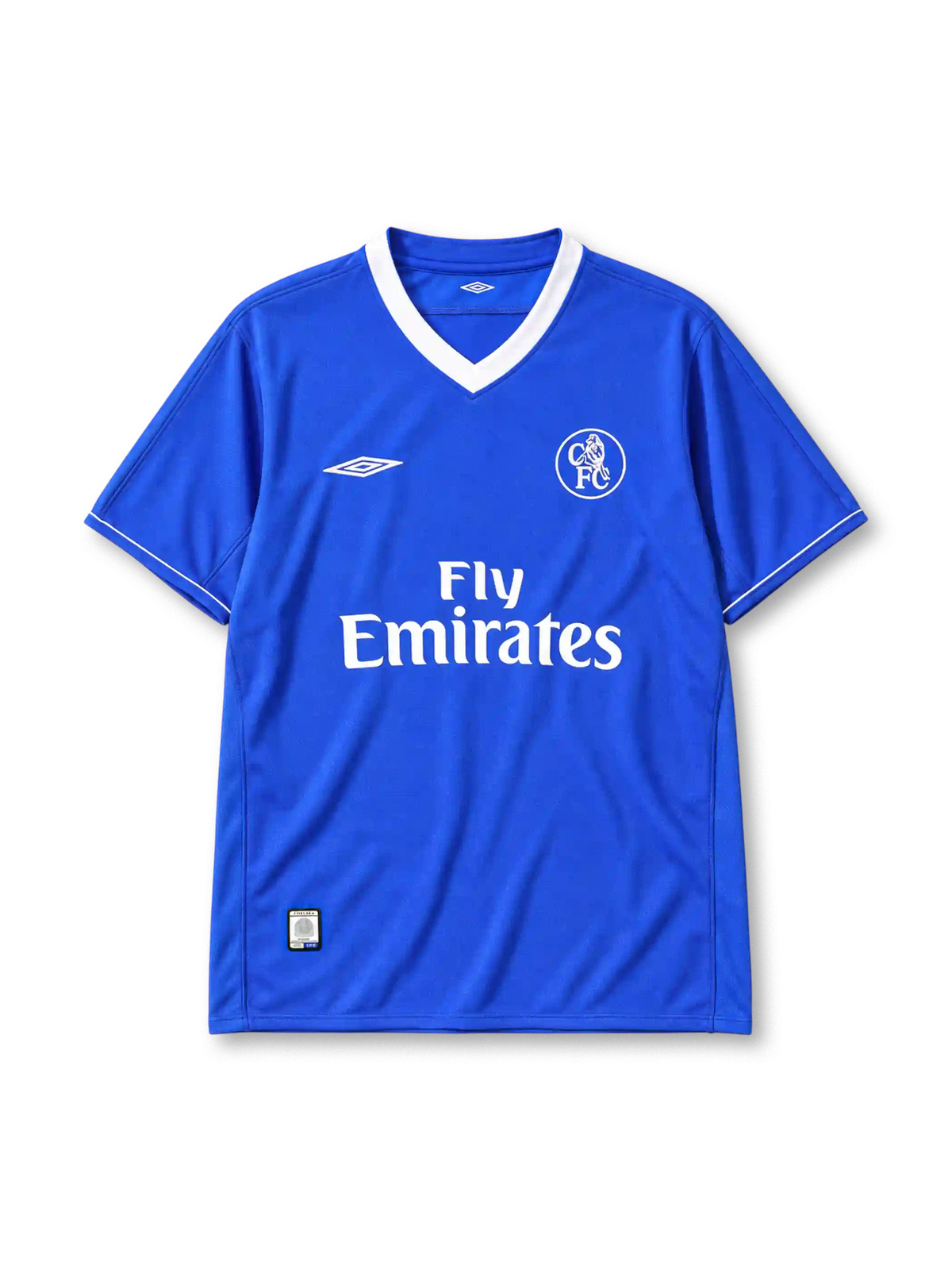 Chelsea 2003-05 home jersey Umbro front view blue Fly Emirates