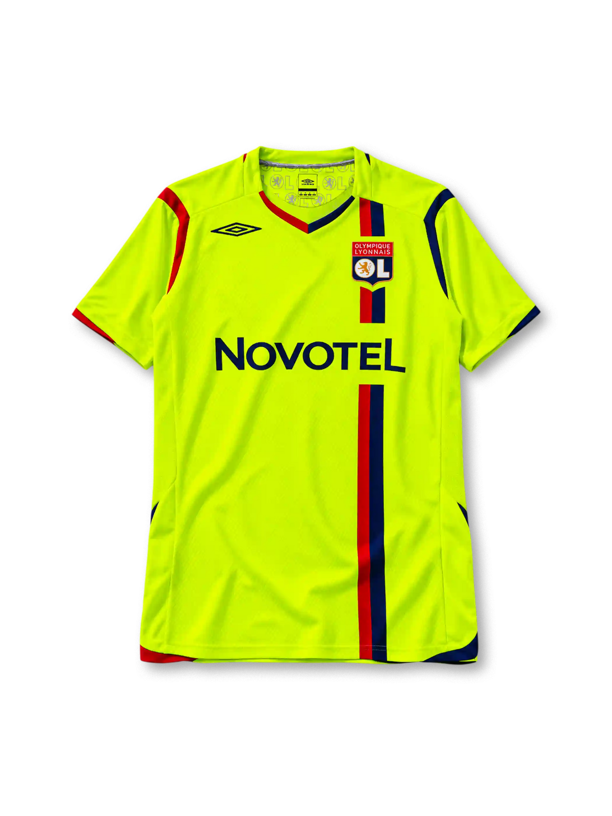 Olympique Lyonnais 2008-09 third jersey Umbro front view yellow navy stripe