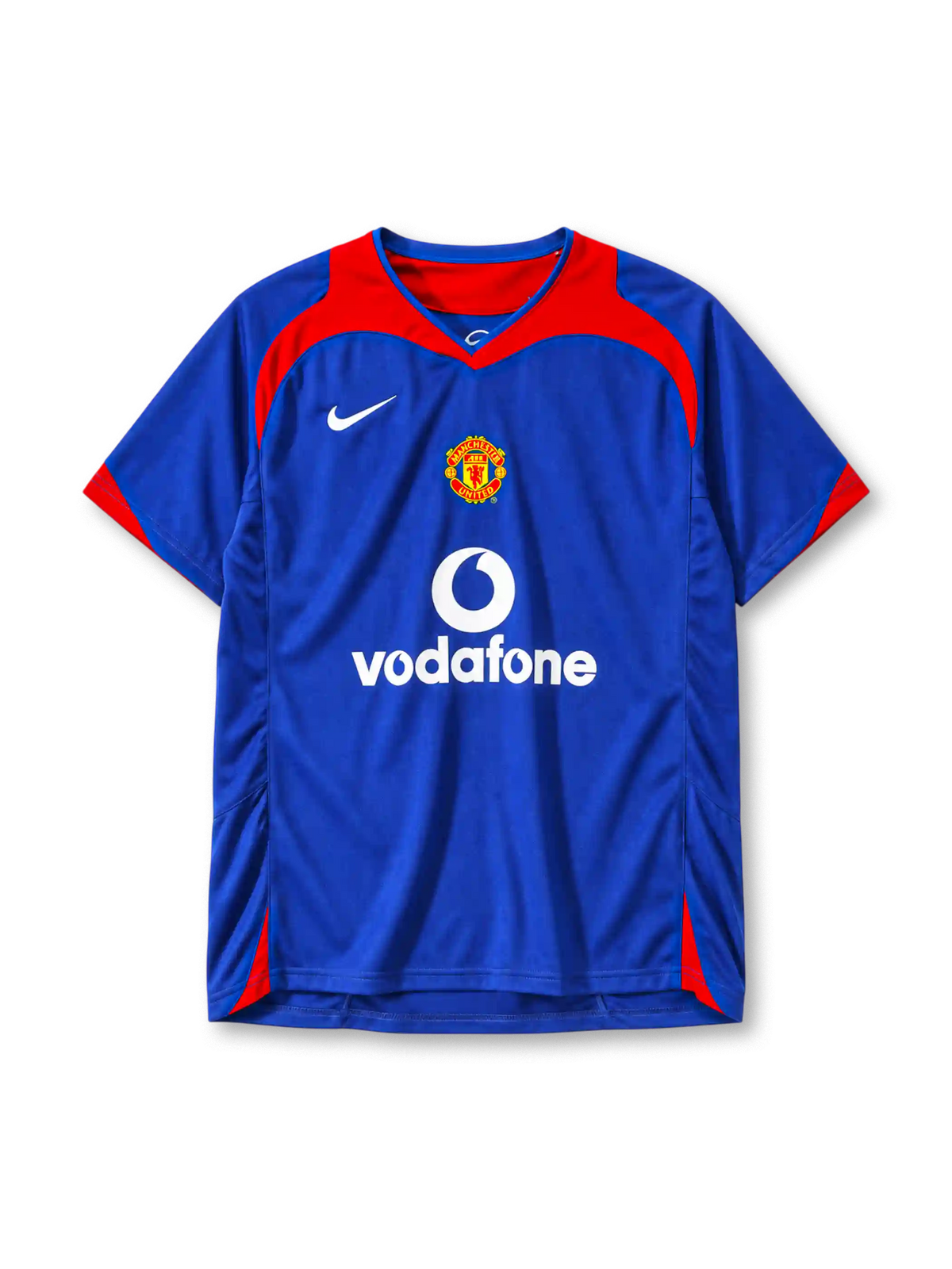 Manchester United 2005-06 away jersey Nike front view blue red yoke